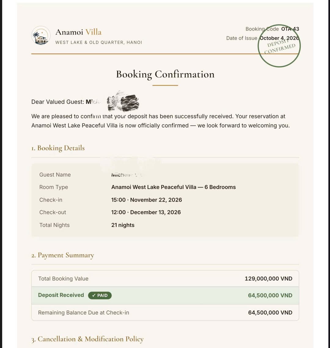 Booking Confirmation Direct Booking tại Anamoi West Lake Peaceful Villa — 21 đêm, đặt cọc đã xác nhận