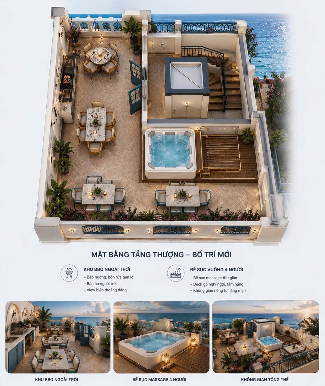 Mặt bằng tầng thượng bố trí mới — khu BBQ ngoài trời và bể sục Jacuzzi view biển